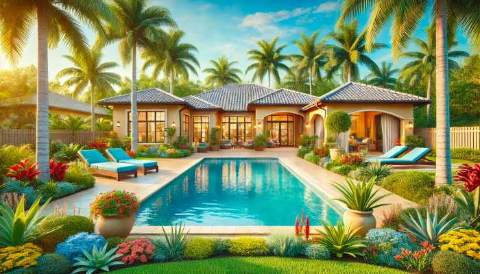 Single-Story Florida Pool Home with Tropical Backyard Single-story Florida pool home with tropical landscaping, palm trees, and a large pool surrounded by lounge chairs and vibrant plants.