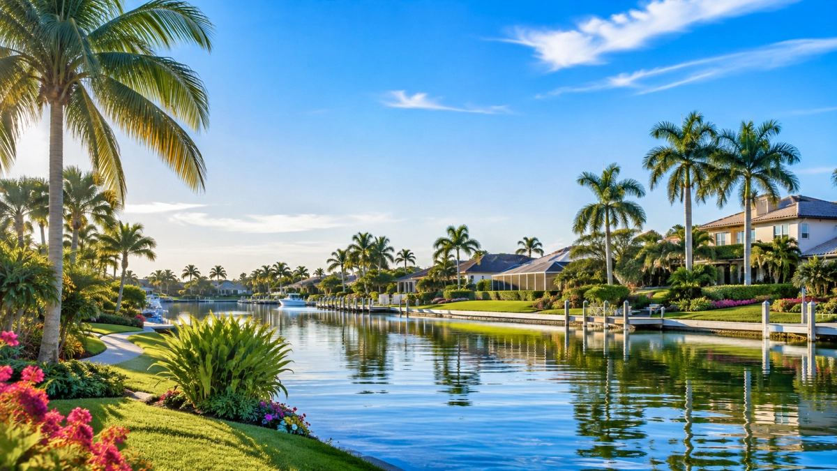 Wohngebiet am Wasser in Südwestflorida Wohngebiet am Wasser in Südwestflorida mit Palmen und Einfamilienhäusern