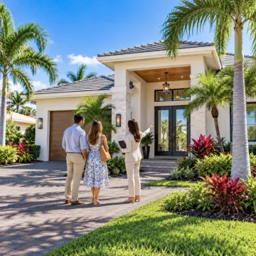 Compradores de su primera vivienda en el suroeste de Florida Compradores de su primera vivienda visitando una casa en el suroeste de Florida con una agente inmobiliaria