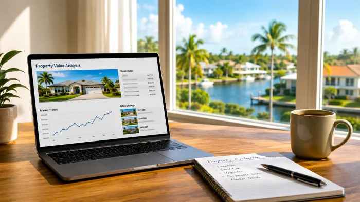 Southwest Florida Property Valuation and Market Analysis Laptop displaying property valuation data and real estate market trends in a bright Southwest Florida workspace