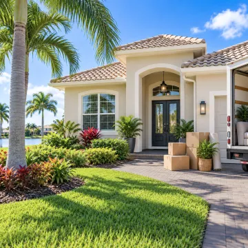 Compradores que se mudan al suroeste de Florida Vivienda en el suroeste de Florida con cajas de mudanza durante una reubicación