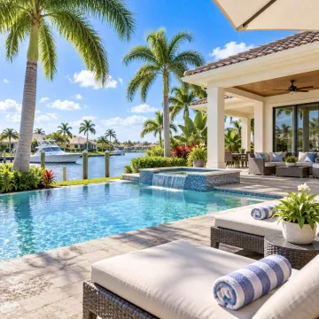 Segundas viviendas y propiedades vacacionales en el suroeste de Florida Vivienda frente al agua en el suroeste de Florida con piscina y área exterior tropical