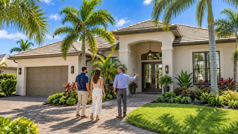 Servicios para compradores de vivienda en el suroeste de Florida Compradores visitando una vivienda en el suroeste de Florida con un agente inmobiliario